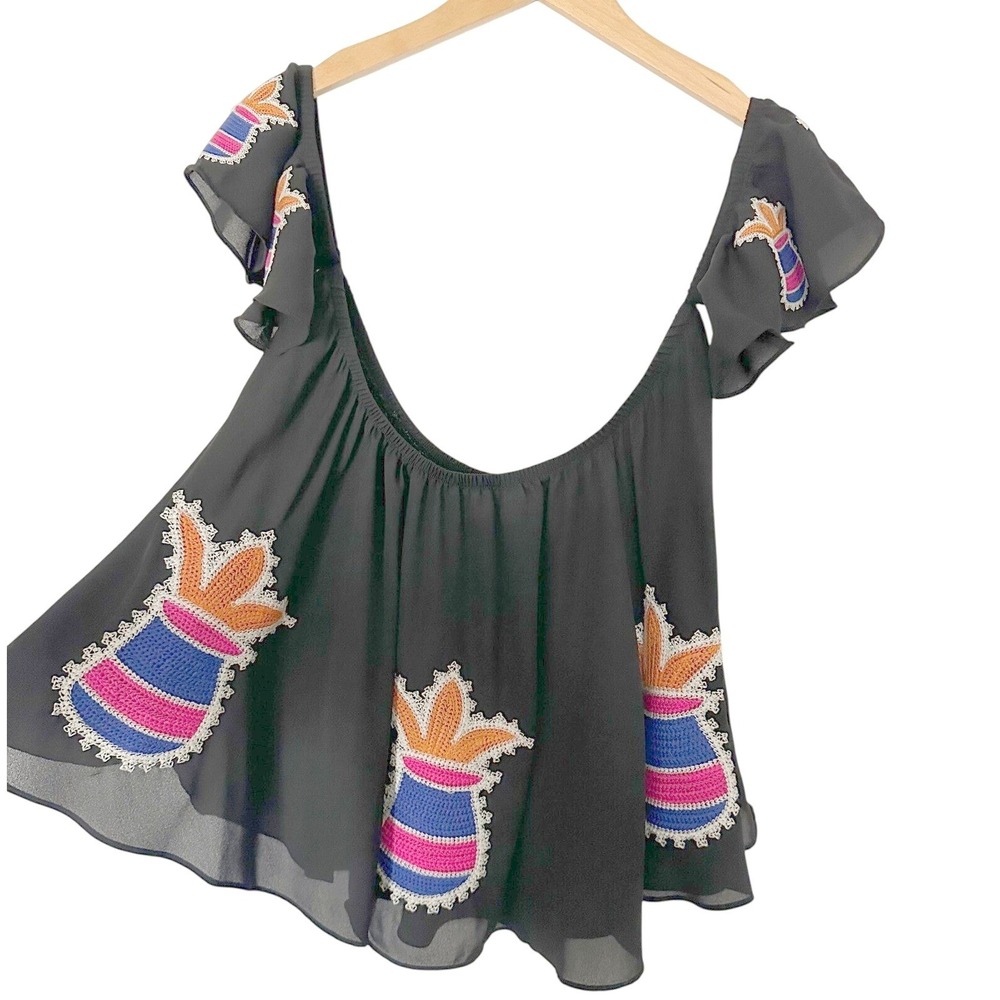 VaVa by Joy Han Embroidered Black Blouse Women Large Boho Summer Festival